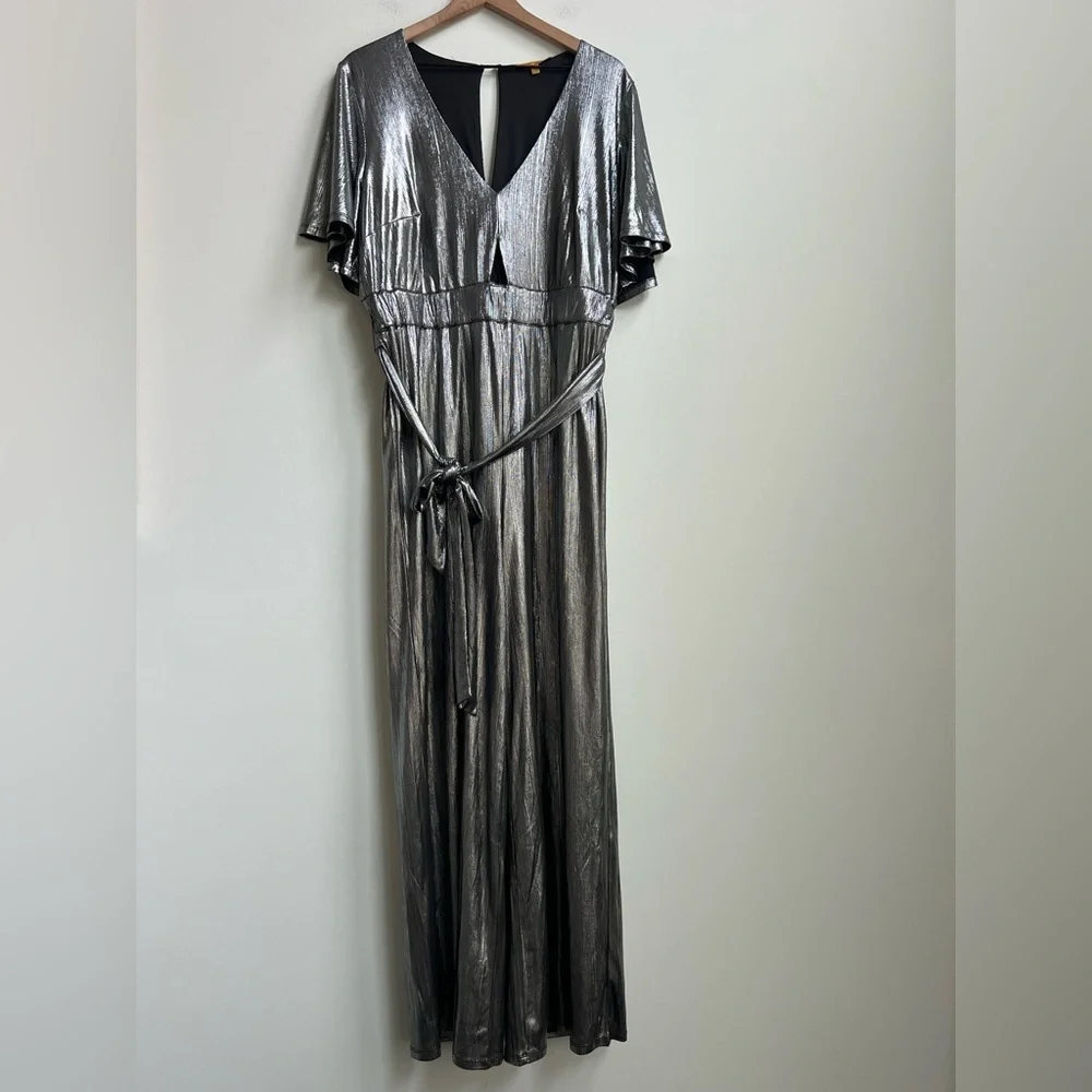 Refinery29 x ELOQUII disco hipster Party Silver Metallic V-Neck Jumpsuit R29 14 - Picture 7 of 16